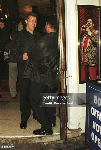 All Blacks Royce Willis and Andrew Blowers outside the Aldwych Theatre in London, Wednesday where the team took in the Buddy Holly Story as a...