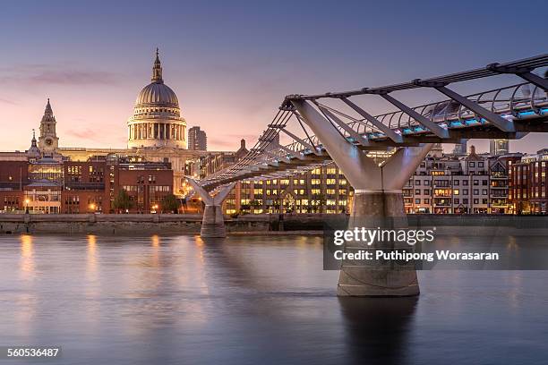 the millennium bridge and st. paul's cathedral - st pauls cathedral london stock pictures, royalty-free photos & images