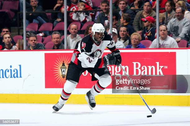 Mike Grier of the Buffalo Sabres skates during the NHL game with the New Jersey Devils at Continental Airlines Arena on October 28, 2005 in East...