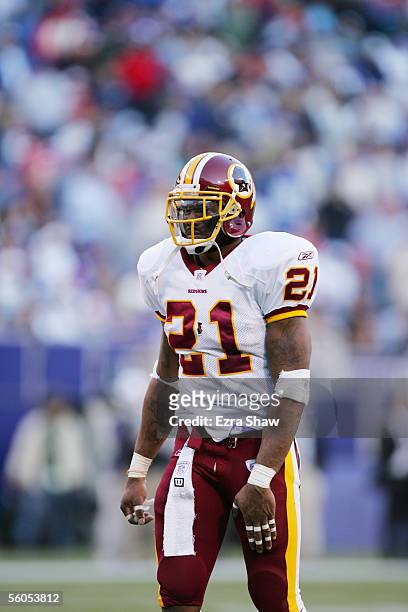 Safety Sean Taylor of the Washington Redskins looks on against the New York Giants at Giants Stadium on October 30, 2005 in East Rutherford, New...