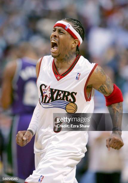 Allen Iverson of the Philadelphia 76ers expresses emotion after making a basket during their game against the Milwaukee Bucks on November 1, 2005 at...