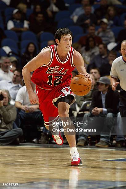 Kirk Hinrich of the Chicago Bulls drives during a preseason game against the Minnesota Timberwolves at Target Center on October 26, 2005 in...