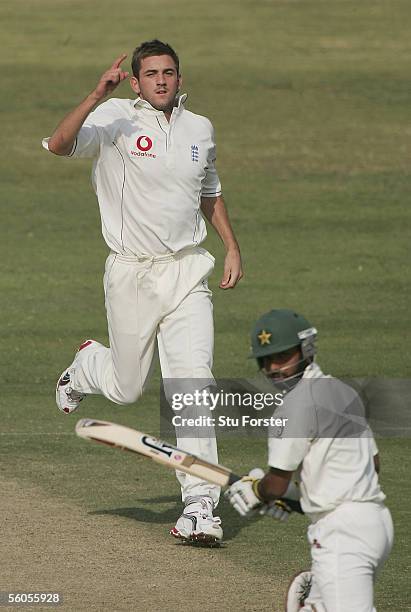 England bowler Liam Plunkett celebrates after taking the wicket of Asher Zaidi during the third and final day of the three day game between England...