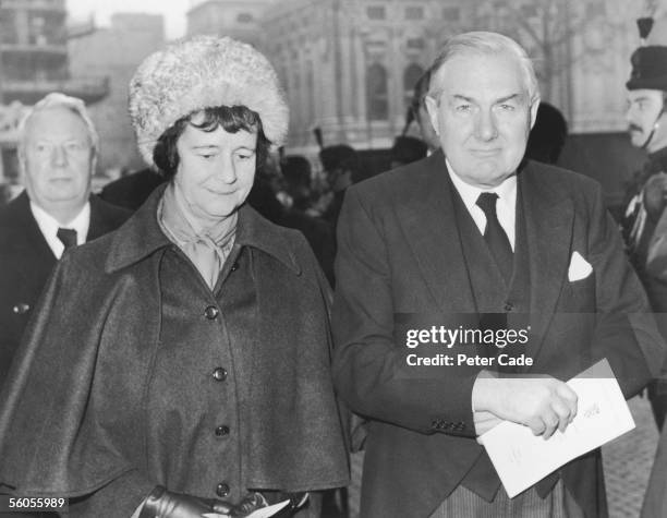 British Labour prime minister James Callaghan and his wife Audrey leave Westminster Abbey in London, after a memorial service for the late Anthony...