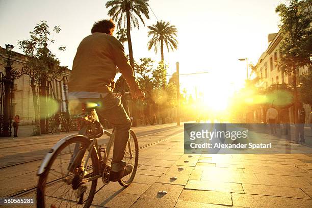 cyclist riding into sunset in sevilla, spain - seville stock-fotos und bilder