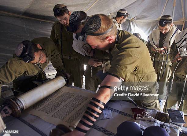 Israeli army soldiers read from a Jewish Torah scroll during their morning prayers in a tent near their 155mm mobile artillery cannon after a night...