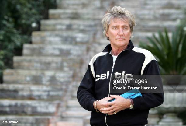 Musical artist Rod Stewart signs the symbolic blue brick as he records his contribution to the disaster relief charity single, a cover of the Sir...