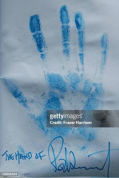 Musical artist Rod Stewart's signed handprint is seen as he records his contribution to the disaster relief charity single, a cover of the Sir Eric...