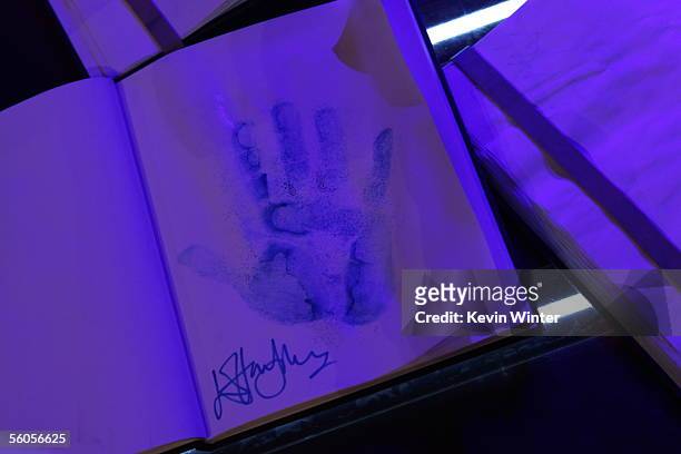 Sir Elton John's handprint is seen as he records his contribution to the new disaster relief charity single, a cover of the Sir Eric Clapton ballad...