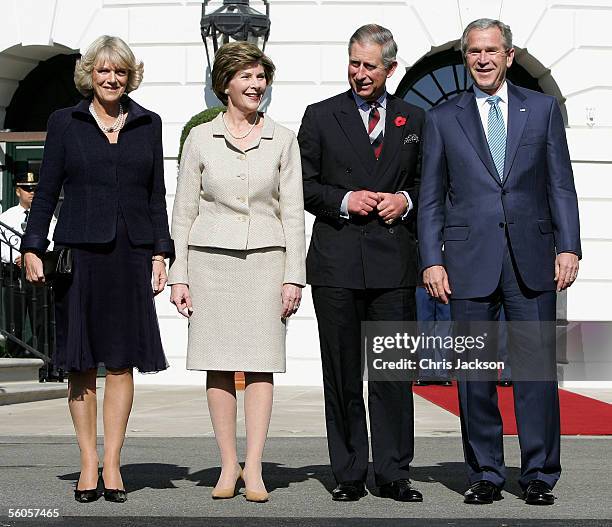 Camilla, Duchess of Cornwall, Laura Bush, Charles, Prince of Wales and US President George W. Bush pose during a visit to the White House on the...