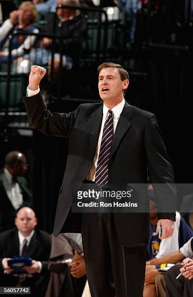 Head coach Rick Carlisle of the Indiana Pacers calls a play from the sidelines during the preseason game against the Minnesota Timberwolves at...