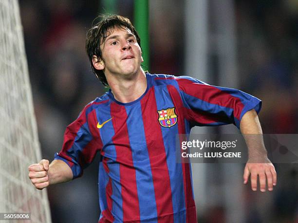 Barcelona's Argentinian Leo Messi celebrates after scoring to make it 3-0 against Panathinaikos during their Champions League group C football match...