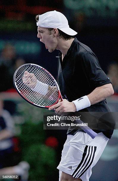 Paul-Henri Mathieu of France celebrates a point against Fernando Gonzalez of Chile in his second round match,during the BNP Paribas ATP Masters...