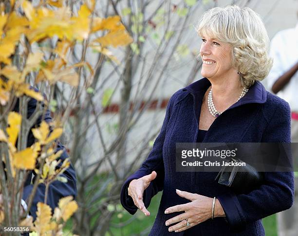 Camilla, Duchess of Cornwall looks at a tree she and Prince Charles, the Prince of Wales planted during a visit to a SEED school on the second day of...