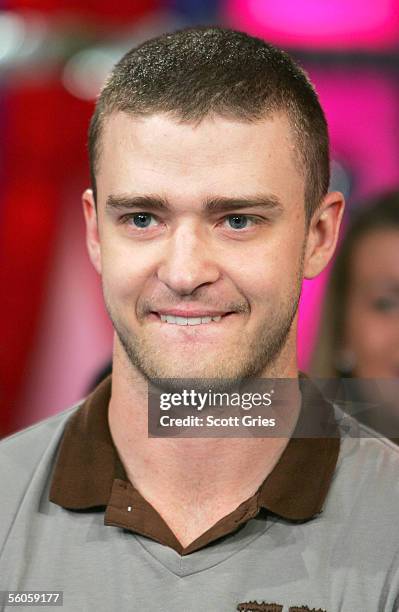 Singer Justin Timberlake appears onstage during MTV's Total Request Live at the MTV Times Square Studios on November 2, 2005 in New York City.