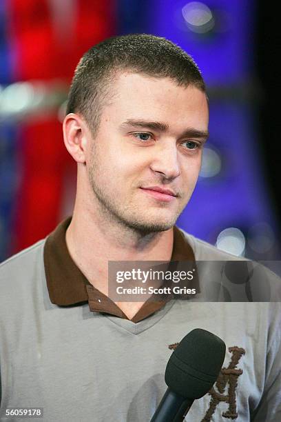 Singer Justin Timberlake appears onstage during MTV's Total Request Live at the MTV Times Square Studios on November 2, 2005 in New York City.