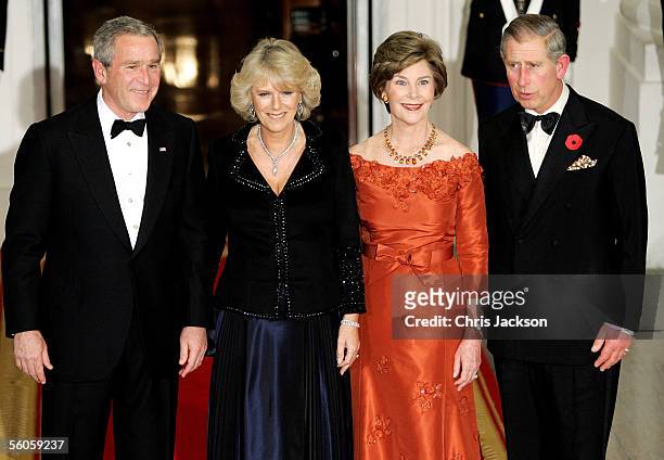 President George W. Bush, Camilla, Duchess of Cornwall, first lady Laura Bush and Prince Charles, Prince of Wales pose at the White House as they...