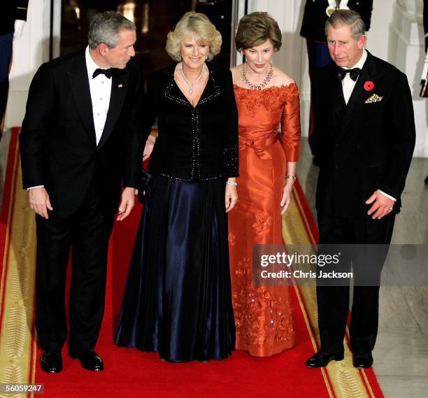 President George W. Bush, Camilla, Duchess of Cornwall, first lady Laura Bush and Prince Charles, Prince of Wales arrive for the social dinner at the...
