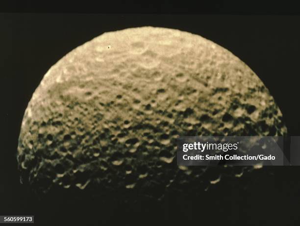 Mimas, moon of the planet Saturn, taken by the Voyager 1 spacecraft, November 12, 1980.