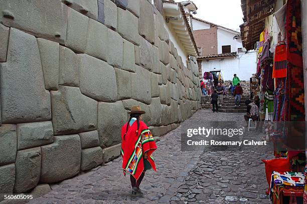inca granite wall with shops - poncho stock pictures, royalty-free photos & images