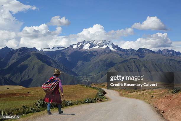 andes and urubamba valley with traditional woman - urubamba valley stock pictures, royalty-free photos & images