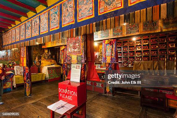 tibetan buddhist monastery prayer hall - namche bazaar stock pictures, royalty-free photos & images
