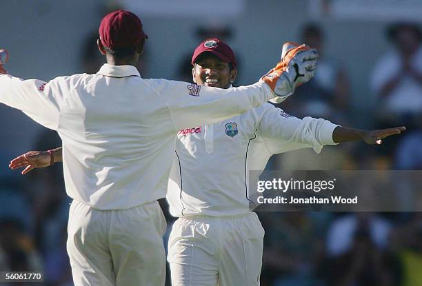 Ramnaresh Sarwan of the West Indies celebrates the catch of Ricky Ponting of Australia during day one of the 1st Test between Australia and the West...
