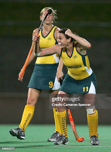 Emily Halliday of the Hockeyroos celebrates winning game two of the World Cup Oceania Qualifing Series between the Australian Hockeyroos and the New...