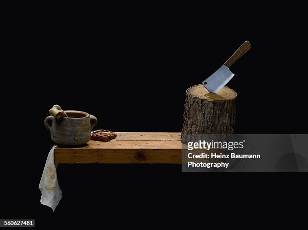 cleaver, bone and mousetrap on black background. - cleaver stock pictures, royalty-free photos & images