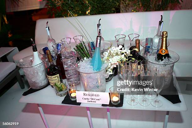 Actor/rapper Curtis "50 Cent" Jackson's table is shown at the afterparty for the premiere of Paramount Picture's "Get Rich or Die Tryin'" at the...