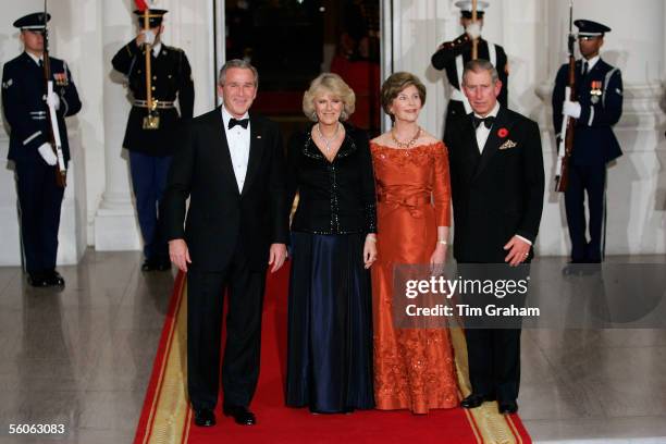 Prince Charles, Prince of Wales and Camilla, Duchess of Cornwall pose with President George W Bush and First Lady Laura Bush at a dinner held at the...