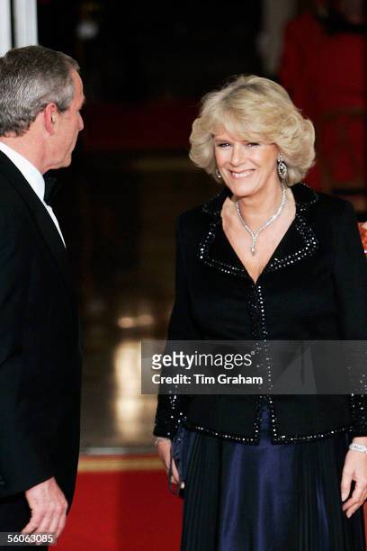 Camilla, Duchess of Cornwall laughs with President George W Bush at a dinner held at the White House on the second day of her official visit to the...