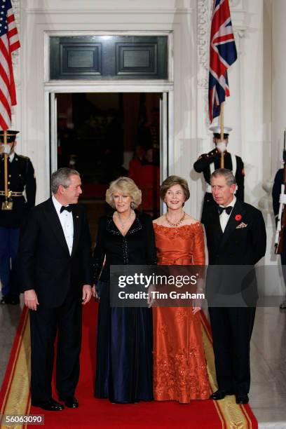 Prince Charles, Prince of Wales and Camilla, Duchess of Cornwall pose with President George W Bush and First Lady Laura Bush at a dinner held at the...