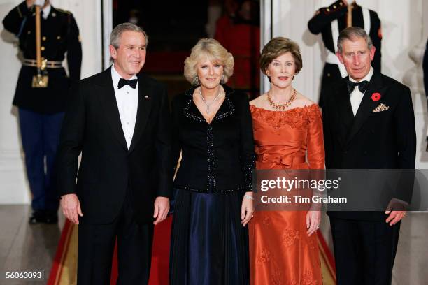 Prince Charles, Prince of Wales and Camilla, Duchess of Cornwall pose with President George W Bush and First Lady Laura Bush at a dinner held at the...