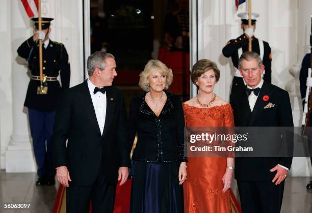 Prince Charles, Prince of Wales and Camilla, Duchess of Cornwall pose with President George W Bush and First Lady Laura Bush at a dinner held at the...