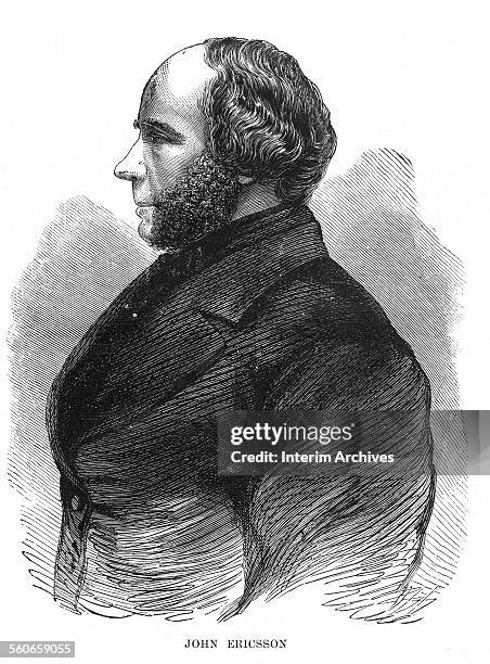 Profile portrait of John Ericsson , Swedish engineer, who designed and built the rotating, turreted ironclad Monitor, nineteenth century....