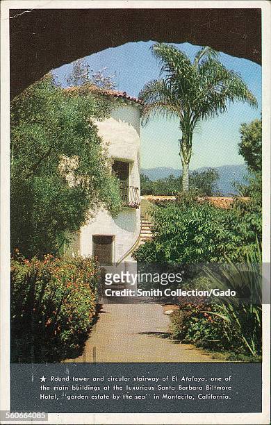 Round tower and circular stairway of El Atalaya, Biltmore Hotel, known as Garden Estate by the sea, Montecito, California, 1930.