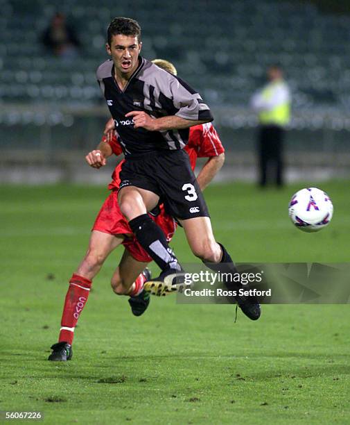 Football Kingz Riki van Steeden kicks through against the Gippsland Falcons in the NSL at North Harbour Stadium, Auckland, Friday. The match was a...