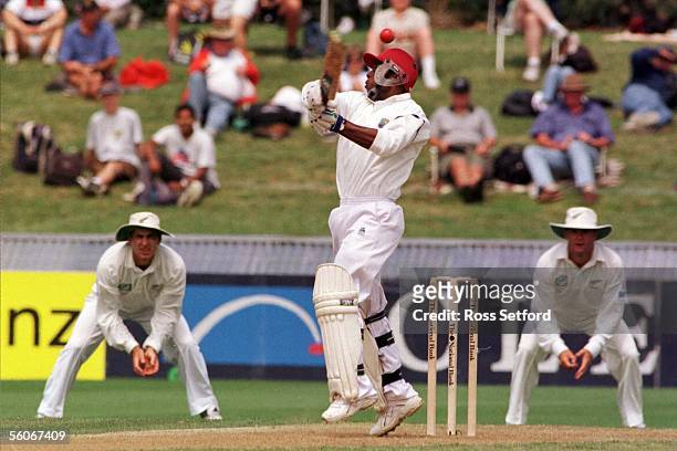 West Indies Sherwin Campbell flails at a bouncer from New Zealand's Chris Cairns on the first day of the first test at WestpacTrust Park, Hamilton,...