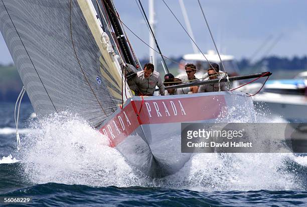 Prada in action against AmericaOne in the first race of the Louis Vuitton Cup finals on the Hauraki Gulf, Auckland, Wednesday. DIGITAL IMAGE.