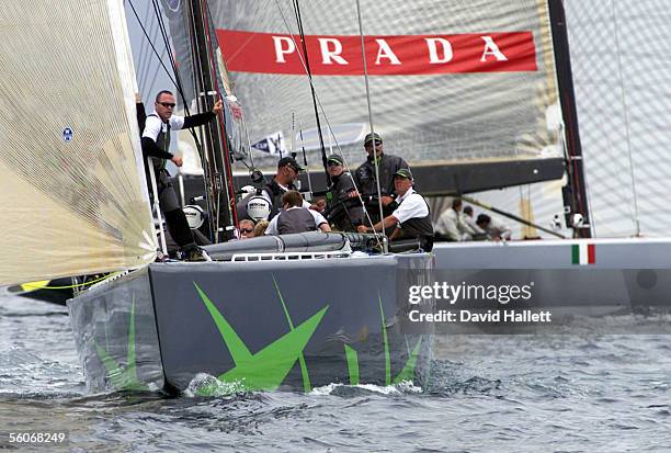 AmericaOne and Prada in action during the prestart in the 2nd race in the Louis Vuitton Challenge Final held on the Waitemata...