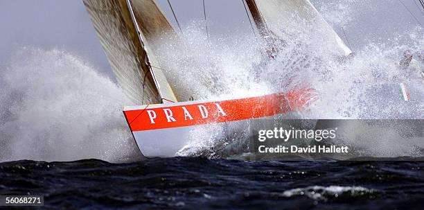 Prada sails through the rough seas in the 3rd race of the Louis Vuitton Challenger Final on the Waitemata Harbour,Saturday.Prada won the race after...