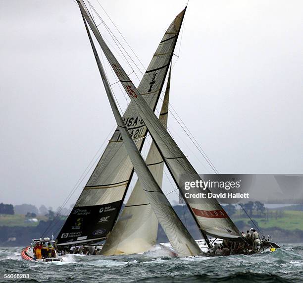 Prada crosses behind AmericaOne in the Louis Vuitton Challenger Final held out on the Waitemeta Harbour,Sunday.Prada won the race after AmericaOne...