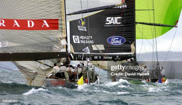 America One rounds the top mark ahead of Prada in the Louis Vuitton Challenger Final held out on the Waitemeta Harbour,Sunday.Prada won the race...