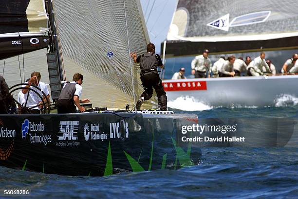 AmericaOne and Prada mix it up in the prestart in the Louis Vuitton Challenger Final held out on the Waitemeta Harbour,Sunday.Prada won the race...