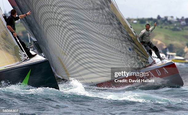 AmericaOne, left and Prada's bowmen countdown to the start in the fifth race of the Louis Vuitton final on the Hauraki Gulf, Auckland, Tuesday....