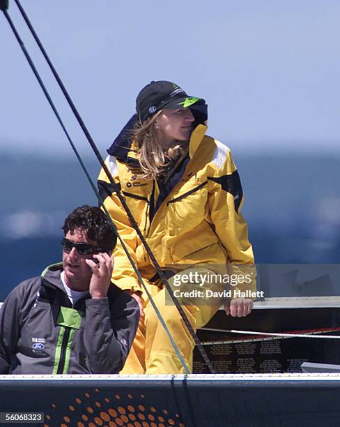 Tennis star Steffi Graf sails onboard AmericaOne as the seventeenth man during the 6th race of the Louis Vuitton Cup, on the Hauraki Gulf Auckland,...