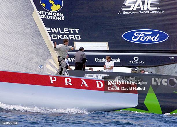 Prada's bowman countsdown to the start of the 6th race of the Louis Vuitton Cup against AmericaOne, on the Hauraki Gulf Auckland, Wednesday....