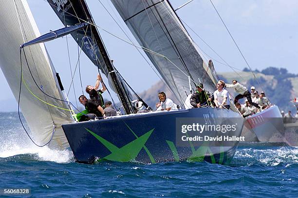 AmericaOne about to round the top mark ahead of Prada in the 6th race of the Louis Vuitton Cup on the Hauraki Gulf Auckland, Wednesday. AmericaOne...