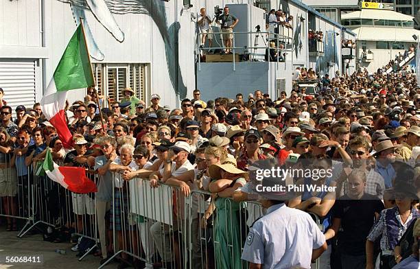 Crowds gather to watch the yachts come home during Pradas ninth race against AmericaOne in the final of the Louis Vuitton Cup. AmericaOne lost to...